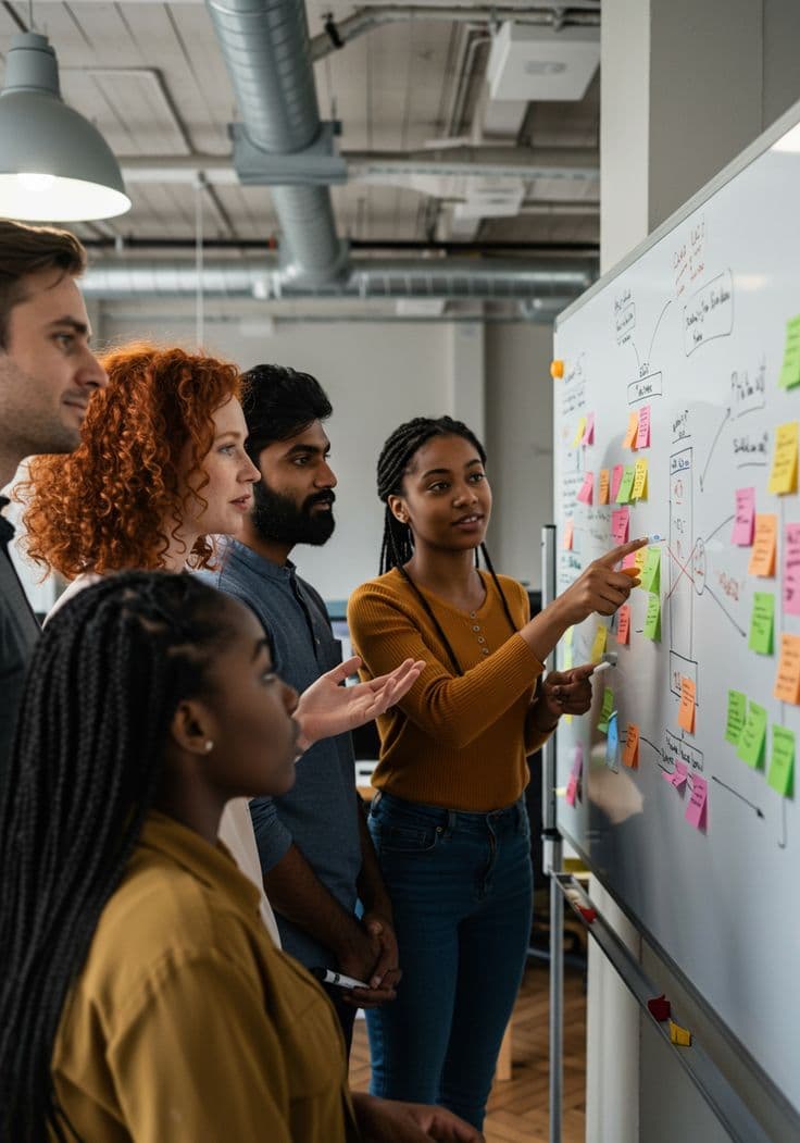 Team collaborating at whiteboard